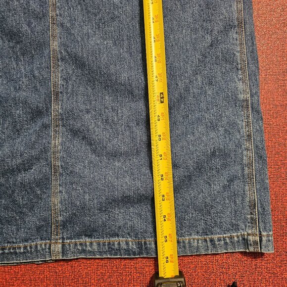 VTG 90s Express Bleus Denim Long Overall Dress M Modest Back Slit Patchwork - Picture 7 of 12